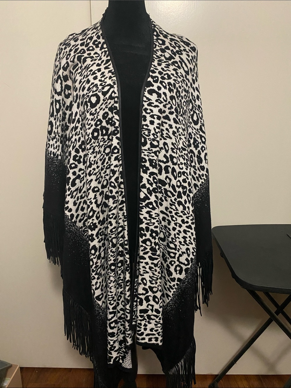 Chico's Black and White Leopard Fringe Cardigan Wrap